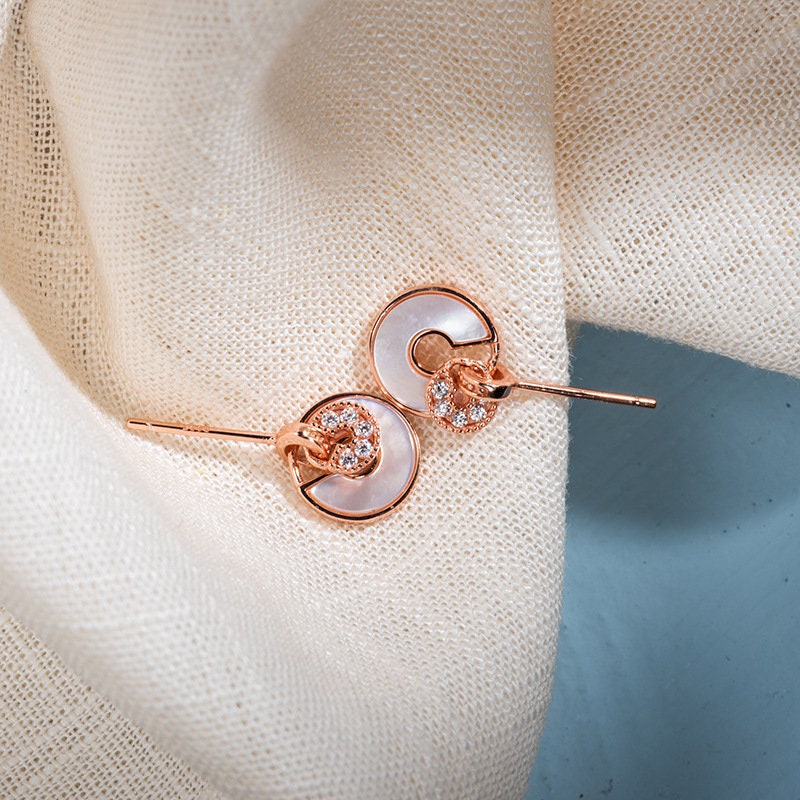 Dainty Round Pearl Shell CZ Earrings - Rose Gold Vermeil Round Shell Earrings - Earrings for Women- Perfect Gift for her - Mother's Day Gift