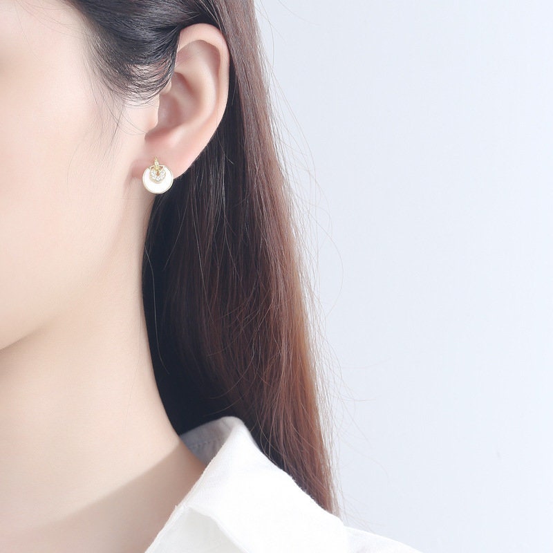 Dainty Round Pearl Shell CZ Earrings - Rose Gold Vermeil Round Shell Earrings - Earrings for Women- Perfect Gift for her - Mother's Day Gift