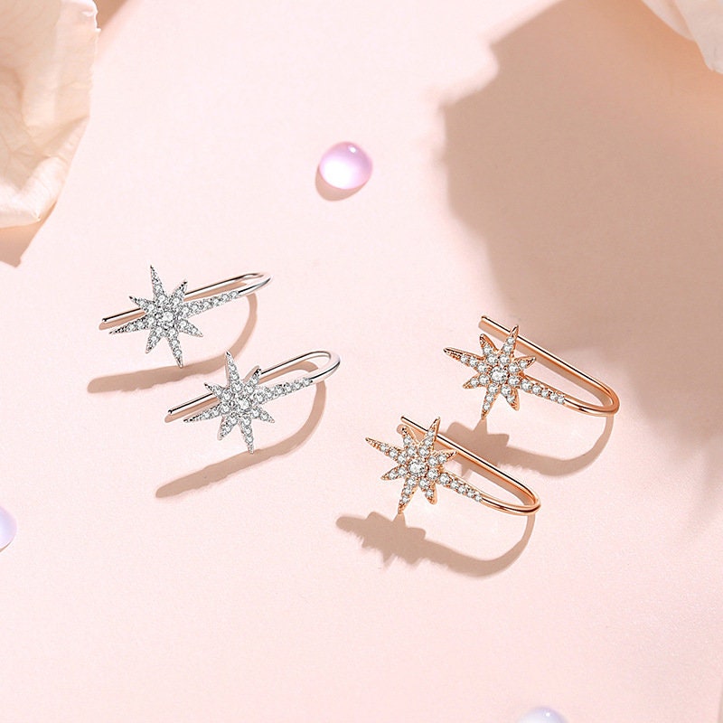 925 Silver Starburst Drop Earrings, North Star Dangle Earrings, Rose Gold Vermeil Earrings, Minimalist Earrings, Gifts for Her, GE95
