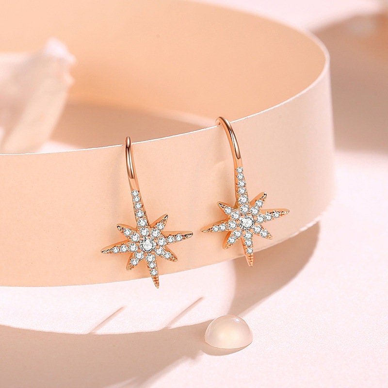 925 Silver Starburst Drop Earrings, North Star Dangle Earrings, Rose Gold Vermeil Earrings, Minimalist Earrings, Gifts for Her, GE95