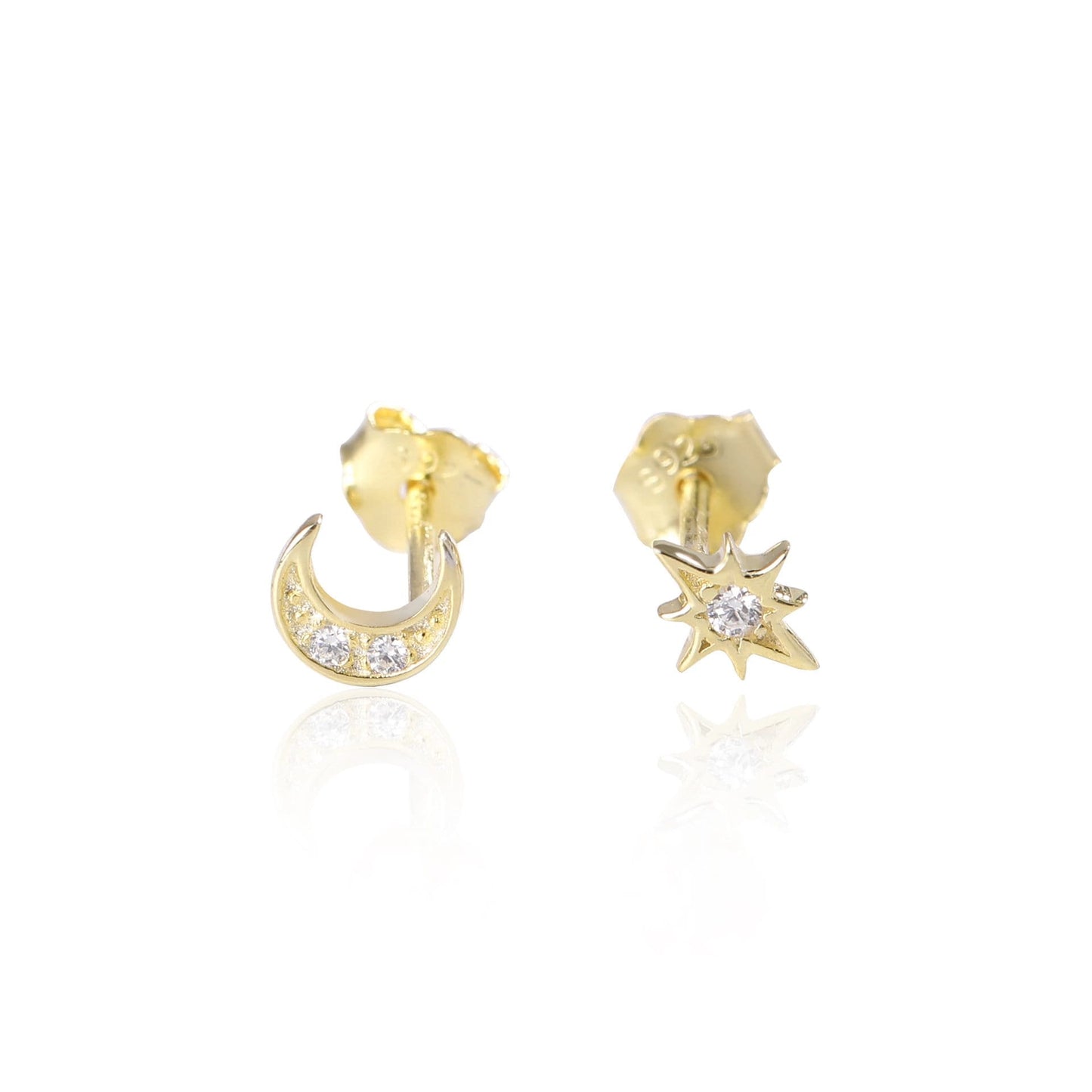 Small Starburst & Moon Asymmetrical Studs, Celestial Mismatched Gold Vermeil Earrings, Minimalist Star and Moon Studs, Gift for Her, GE305