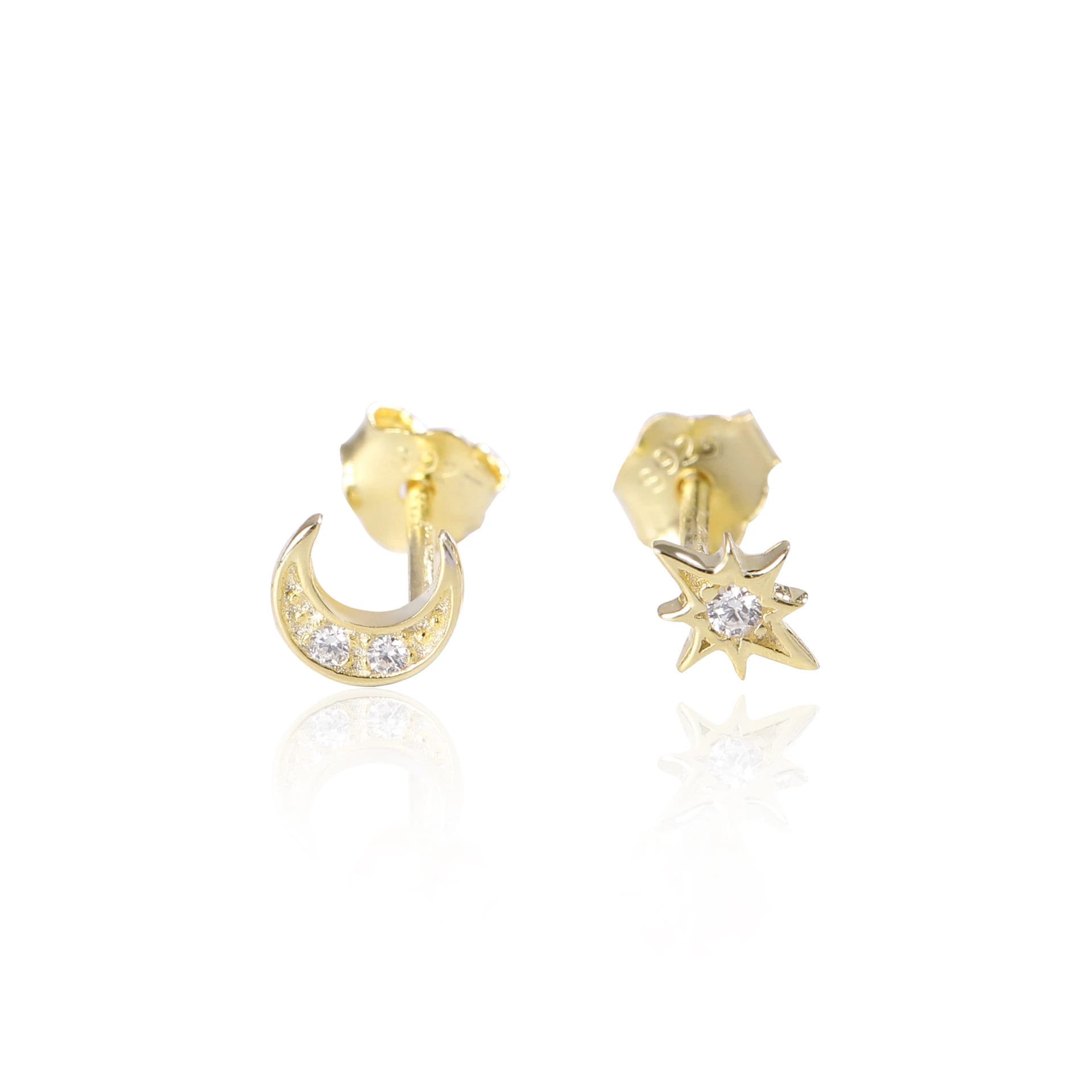 Small Starburst & Moon Asymmetrical Studs, Celestial Mismatched Gold Vermeil Earrings, Minimalist Star and Moon Studs, Gift for Her, GE305