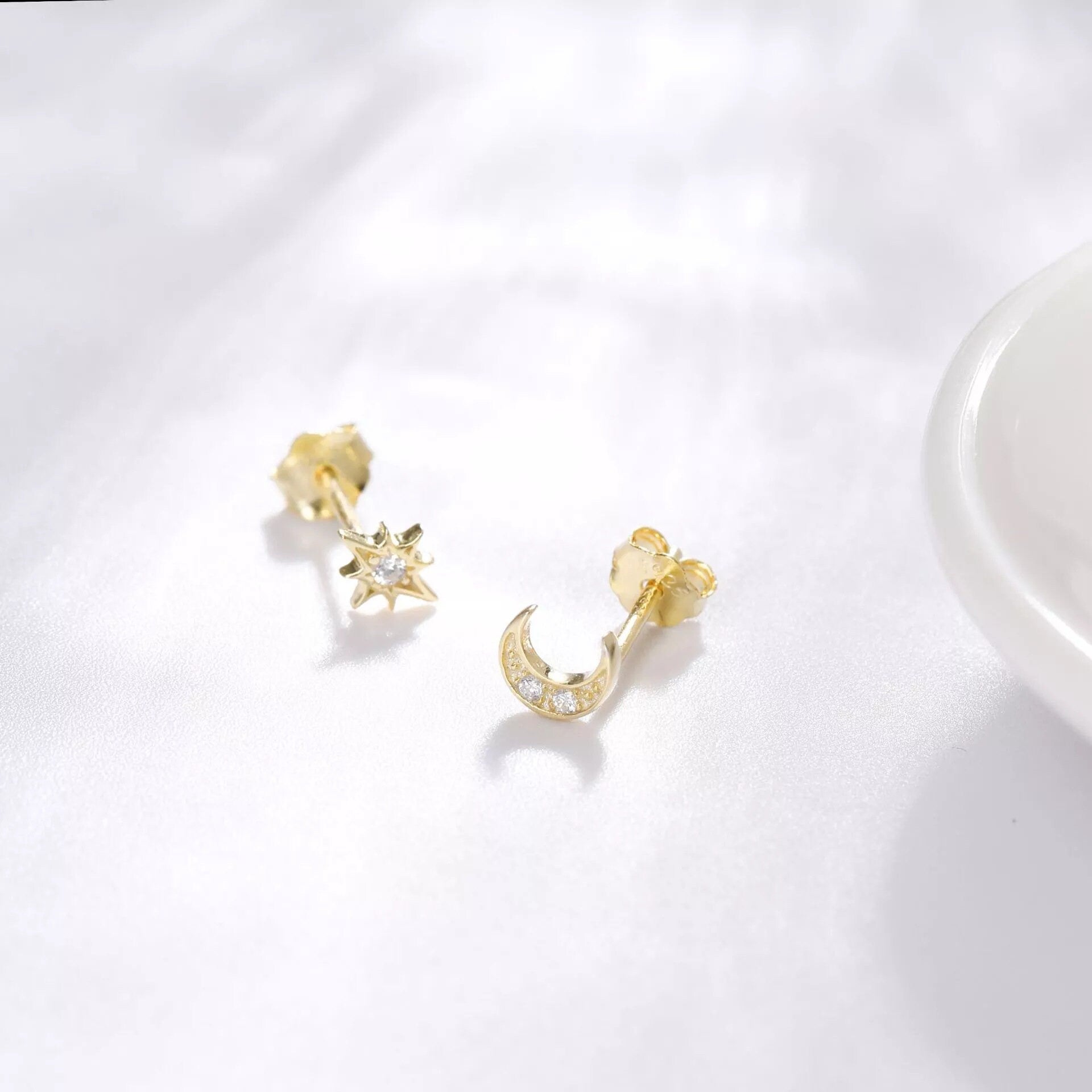 Small Starburst & Moon Asymmetrical Studs, Celestial Mismatched Gold Vermeil Earrings, Minimalist Star and Moon Studs, Gift for Her, GE305