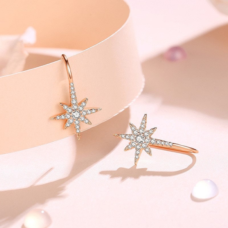 925 Silver Starburst Drop Earrings, North Star Dangle Earrings, Rose Gold Vermeil Earrings, Minimalist Earrings, Gifts for Her, GE95