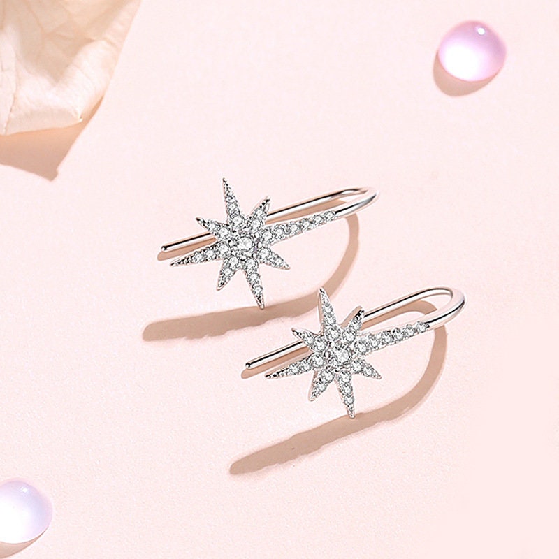 925 Silver Starburst Drop Earrings, North Star Dangle Earrings, Rose Gold Vermeil Earrings, Minimalist Earrings, Gifts for Her, GE95