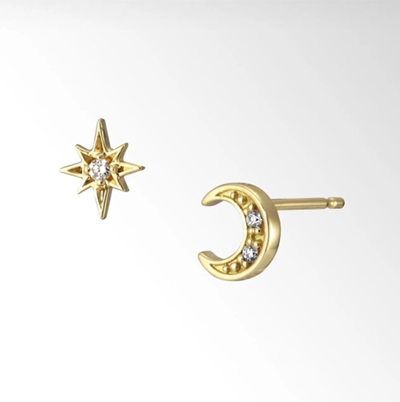 Small Starburst & Moon Asymmetrical Studs, Celestial Mismatched Gold Vermeil Earrings, Minimalist Star and Moon Studs, Gift for Her, GE305