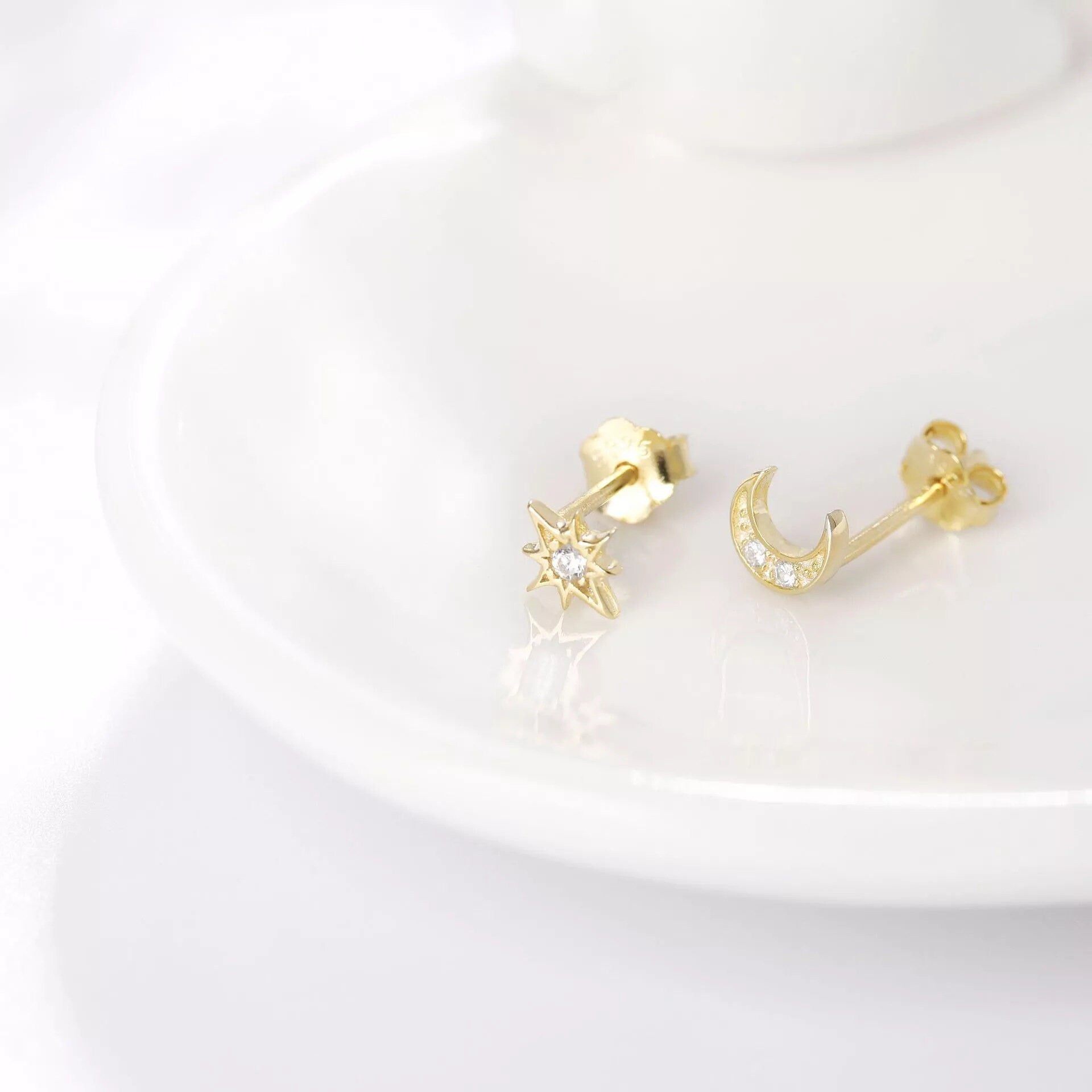 Small Starburst & Moon Asymmetrical Studs, Celestial Mismatched Gold Vermeil Earrings, Minimalist Star and Moon Studs, Gift for Her, GE305