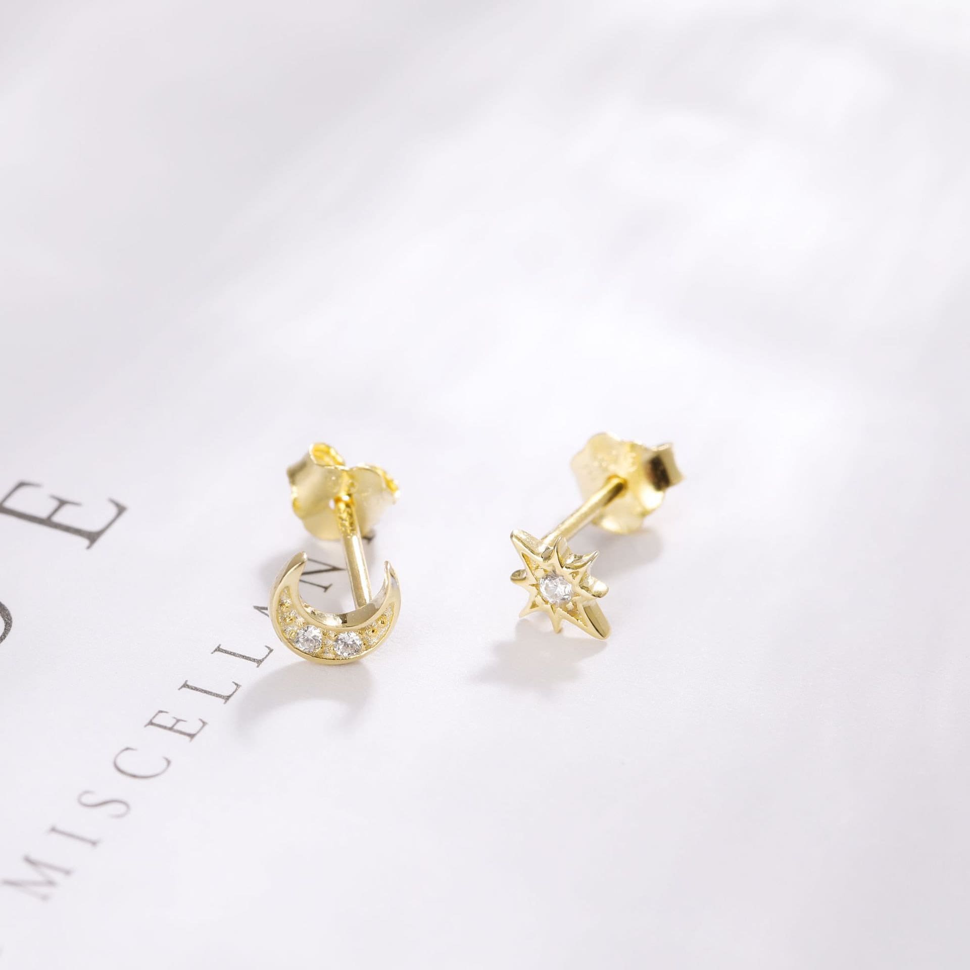Small Starburst & Moon Asymmetrical Studs, Celestial Mismatched Gold Vermeil Earrings, Minimalist Star and Moon Studs, Gift for Her, GE305