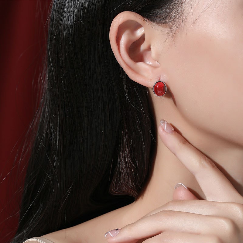 Sterling Silver Oval Red Onyx Earring, Simulated Red Agate Earrings, 14k Gold on Silver Agate Studs, Perfect Gift for Her