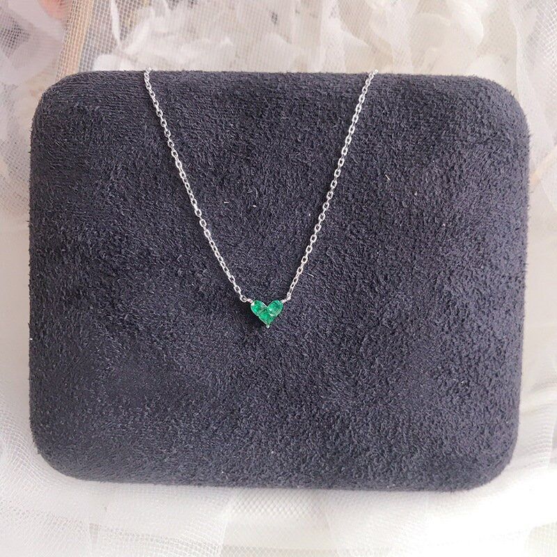 Dainty Emerald Heart Necklace, 14k White Gold Vermeil Emerald Green Necklace, Emerald Silver Choker, Three Green CZ join to Heart Shape GN03