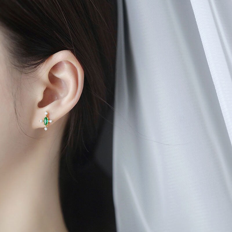 Dainty Emerald Cross Stud Earrings, 14k Gold Vermeil Emerald Earrings, Gold Skinny Earring, Minimalist Green CZ Earrings, Gift for Her, GE08