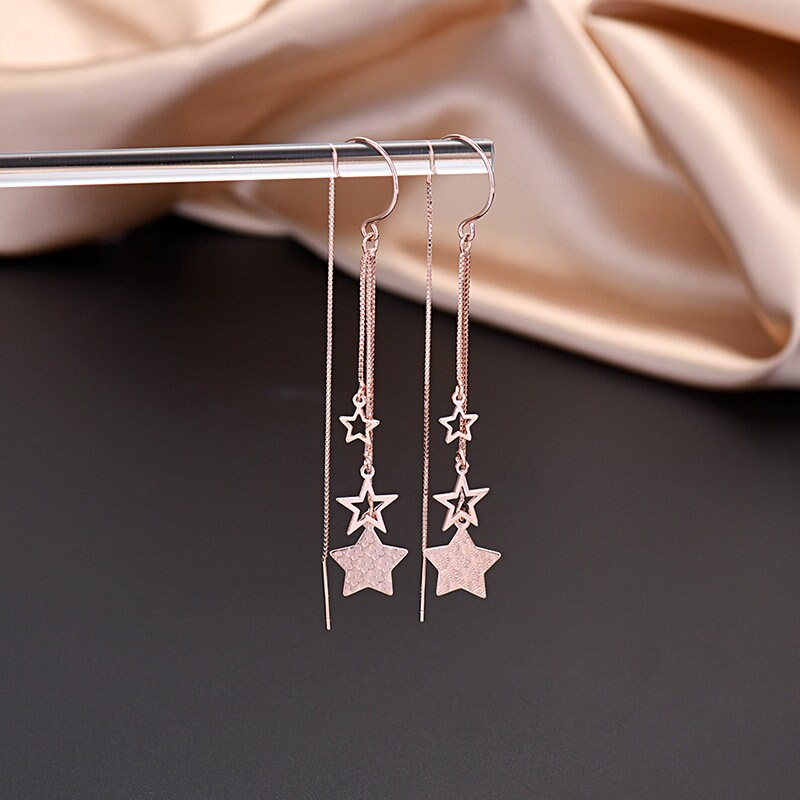 Sterling Silver Dainty Star Threader Dangle & Drop Earrings, Rose Gold Vermeil Star Tassel Earrings, Pretty Unique Design, Two Color, GE31