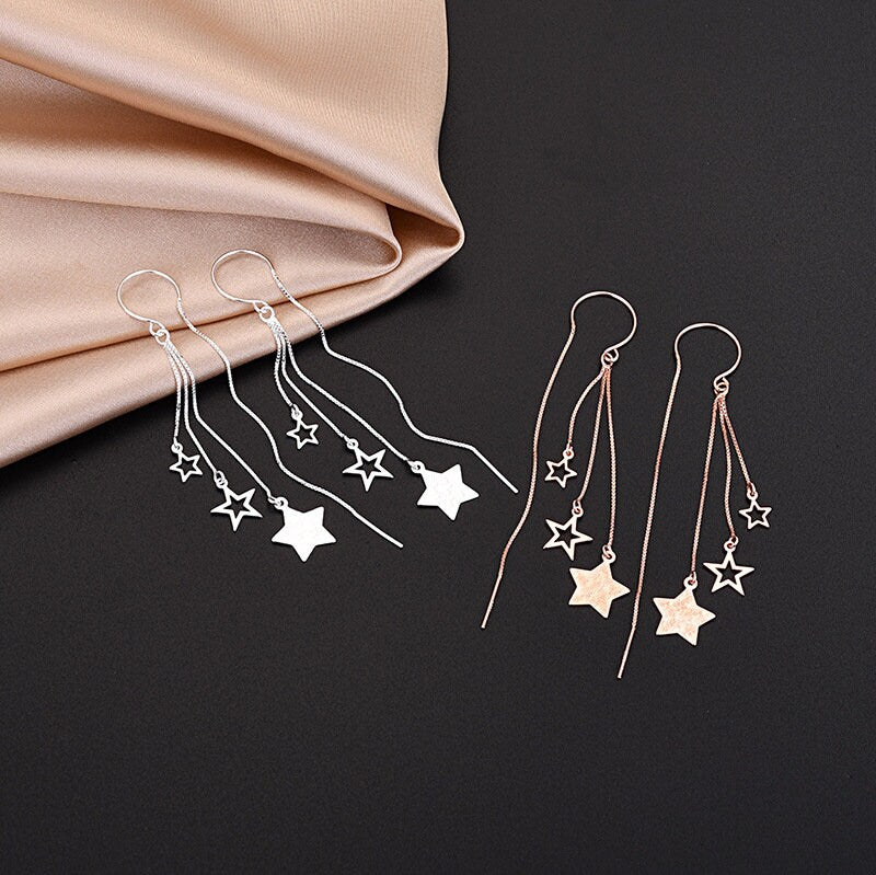 Sterling Silver Dainty Star Threader Dangle & Drop Earrings, Rose Gold Vermeil Star Tassel Earrings, Pretty Unique Design, Two Color, GE31