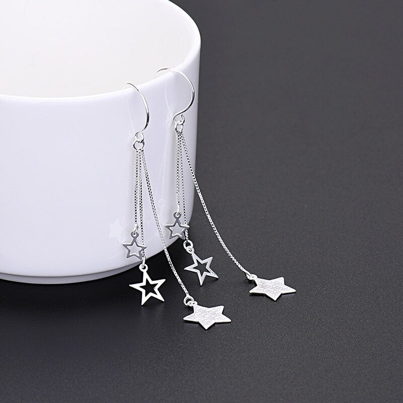 Sterling Silver Dainty Star Threader Dangle & Drop Earrings, Rose Gold Vermeil Star Tassel Earrings, Pretty Unique Design, Two Color, GE31