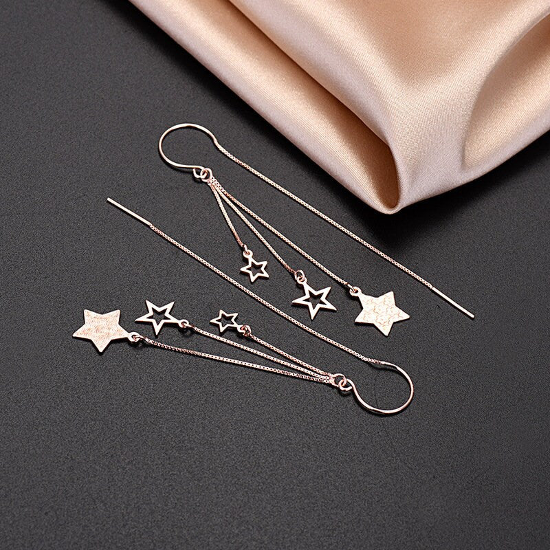 Sterling Silver Dainty Star Threader Dangle & Drop Earrings, Rose Gold Vermeil Star Tassel Earrings, Pretty Unique Design, Two Color, GE31