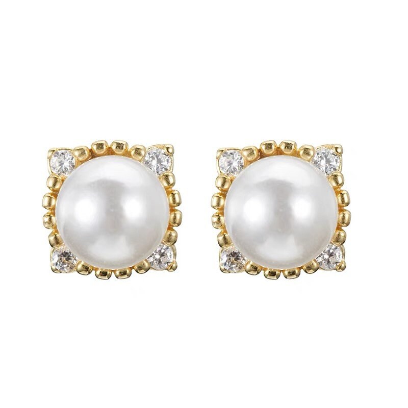 Dainty Round Simulated Pearl CZ Gold Stud Earrings, Gold Pearl Studs, Sparkly Tiny CZ Pearl Earrings, Minimalist Earrings, Gifts, GE39