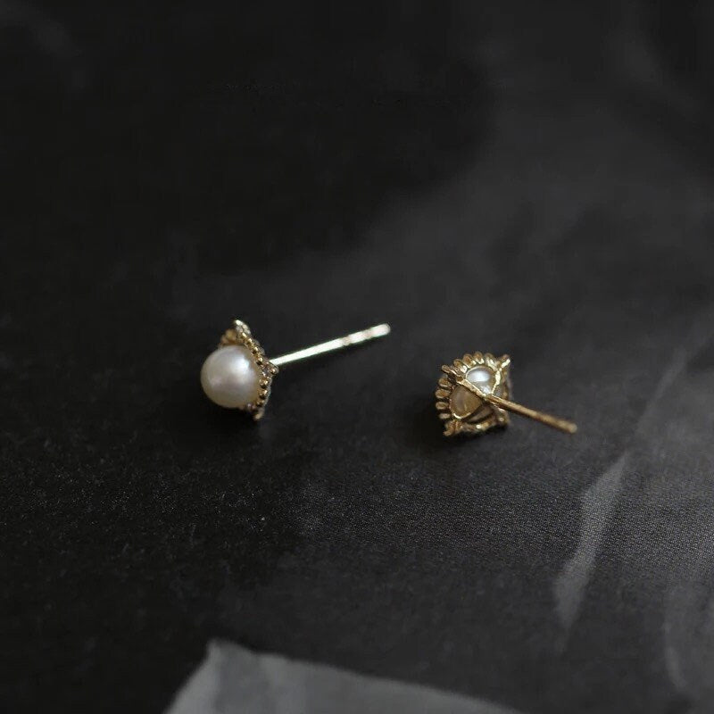 Dainty Round Simulated Pearl CZ Gold Stud Earrings, Gold Pearl Studs, Sparkly Tiny CZ Pearl Earrings, Minimalist Earrings, Gifts, GE39