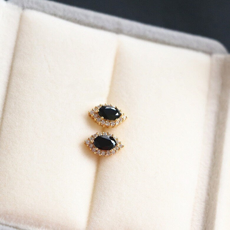 Dainty Gold Black Onyx Stud Earrings, Sparkly CZ and Onyx Earrings, Gold Oval Onyx Earrings, Bridal Gift, Wedding Earrings, Gifts, GE41