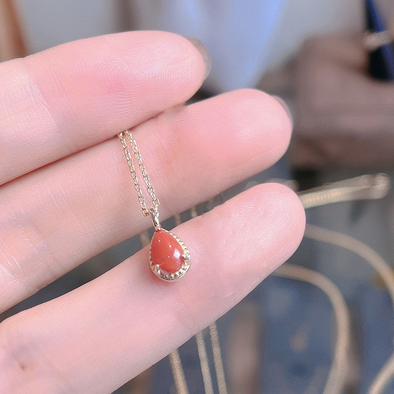 14k Gold Vermeil Red Onyx Waterdrop Necklace, Delicate Red Gemstone Necklace, Red Onyx Droplet Necklace, Gold Teardrop Pendant, Gift, GN26