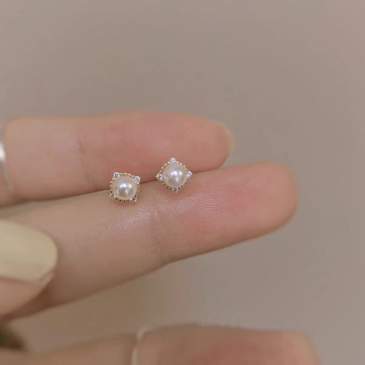 Dainty Round Simulated Pearl CZ Gold Stud Earrings, Gold Pearl Studs, Sparkly Tiny CZ Pearl Earrings, Minimalist Earrings, Gifts, GE39