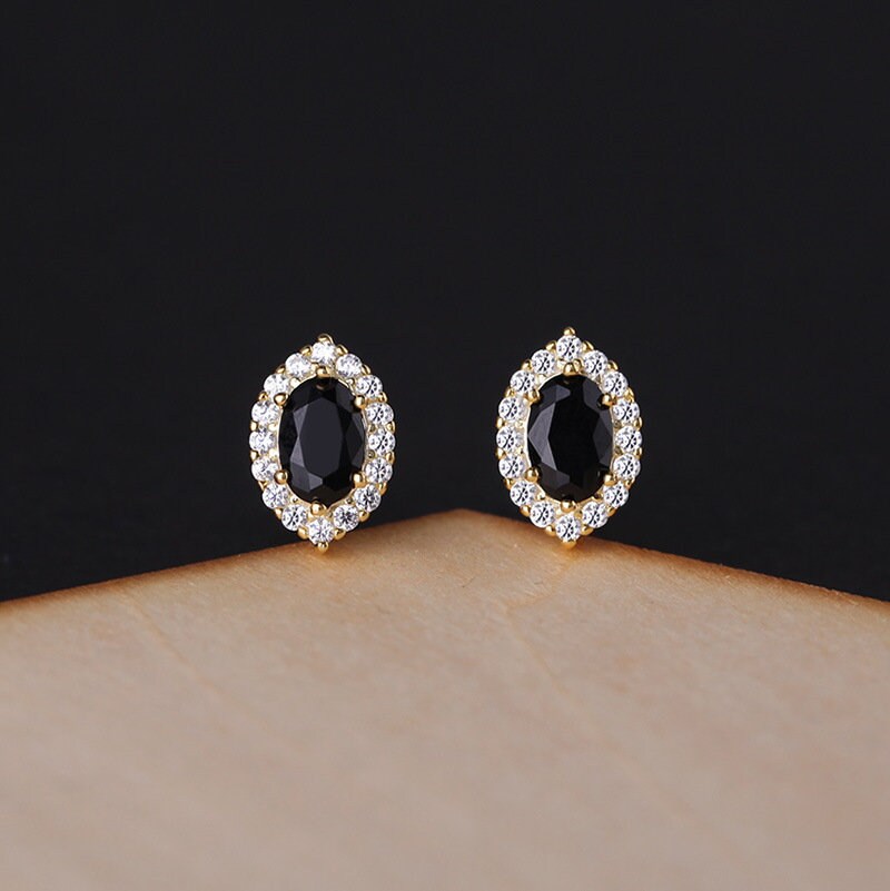 Dainty Gold Black Onyx Stud Earrings, Sparkly CZ and Onyx Earrings, Gold Oval Onyx Earrings, Bridal Gift, Wedding Earrings, Gifts, GE41