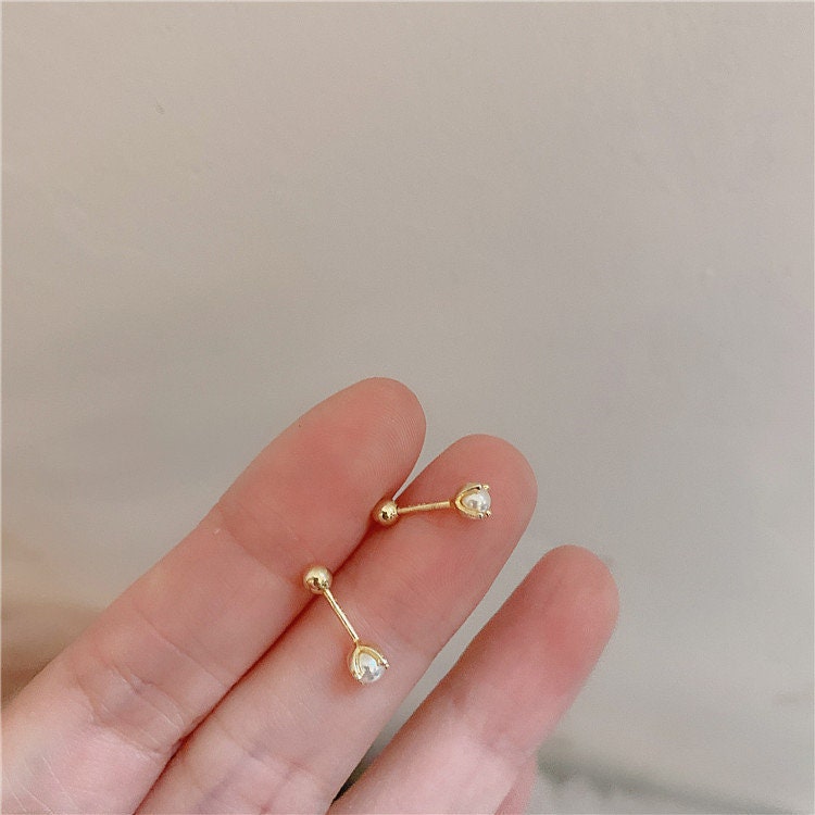 20G Gold Tiny Pearl Screw Back Earrings, Dainty Pearl Stud Earrings, Sterling Silver Pearl Screw Back Earrings, Minimalist Pearl Studs, GE46