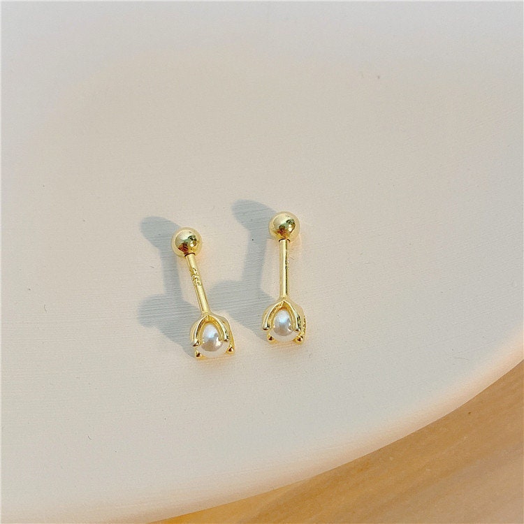 20G Gold Tiny Pearl Screw Back Earrings, Dainty Pearl Stud Earrings, Sterling Silver Pearl Screw Back Earrings, Minimalist Pearl Studs, GE46