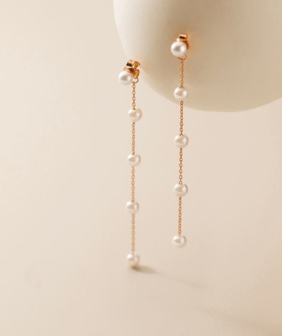 Rose Gold Vermeil Pearl Threader Dangle & Drop Earrings, Dainty Pearl Tassel Dangle Earrings, Minimalist Pearl Dangle Earrings, Gifts, GE58
