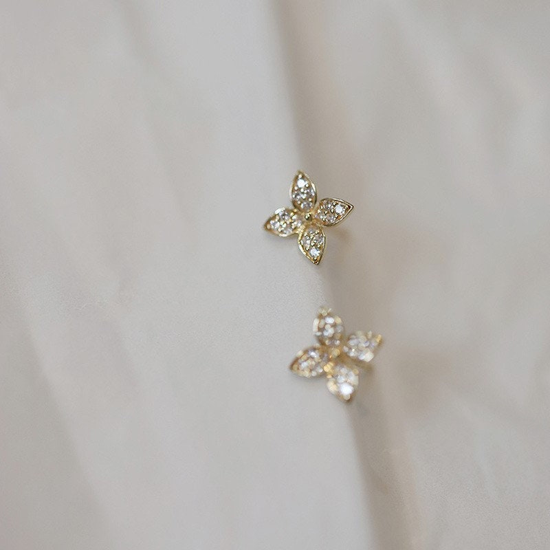 Dainty CZ 14k Gold Vermeil Flower Stud Earrings, Delicate Flower Earrings, Gold Flower CZ Studs, Minimalist Plant Earrings, Gifts, GE60