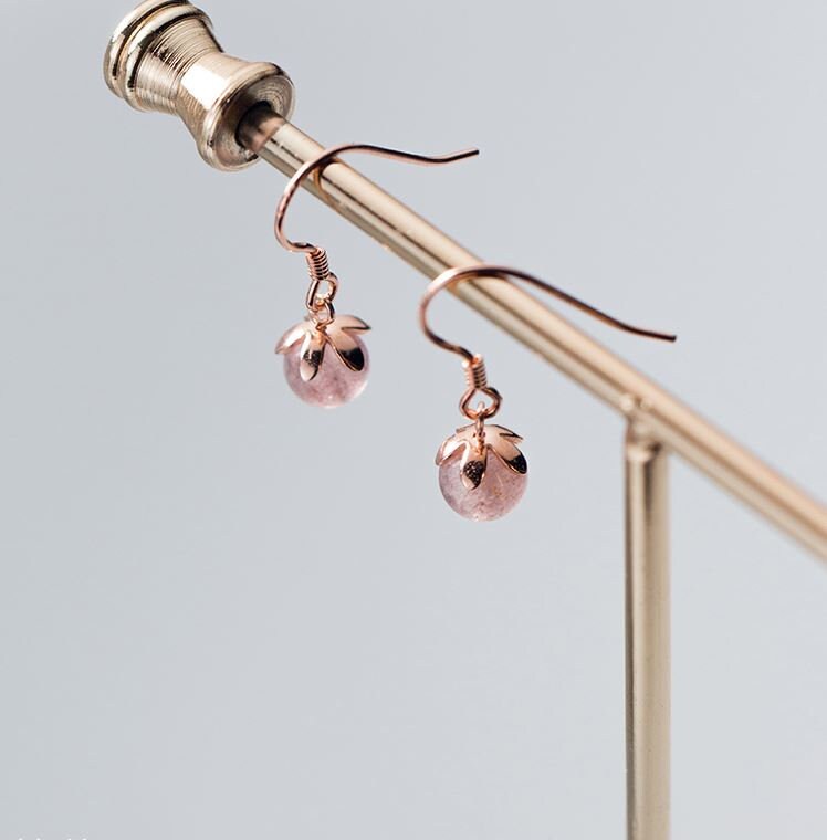 925 Silver Strawberry Quartz Drop & Dangle Hook Earrings, Dainty Pink Quartz Drop Hook Earrings, Minimalist Earring, Gift for Her, GE86