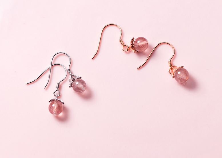 925 Silver Strawberry Quartz Drop & Dangle Hook Earrings, Dainty Pink Quartz Drop Hook Earrings, Minimalist Earring, Gift for Her, GE86