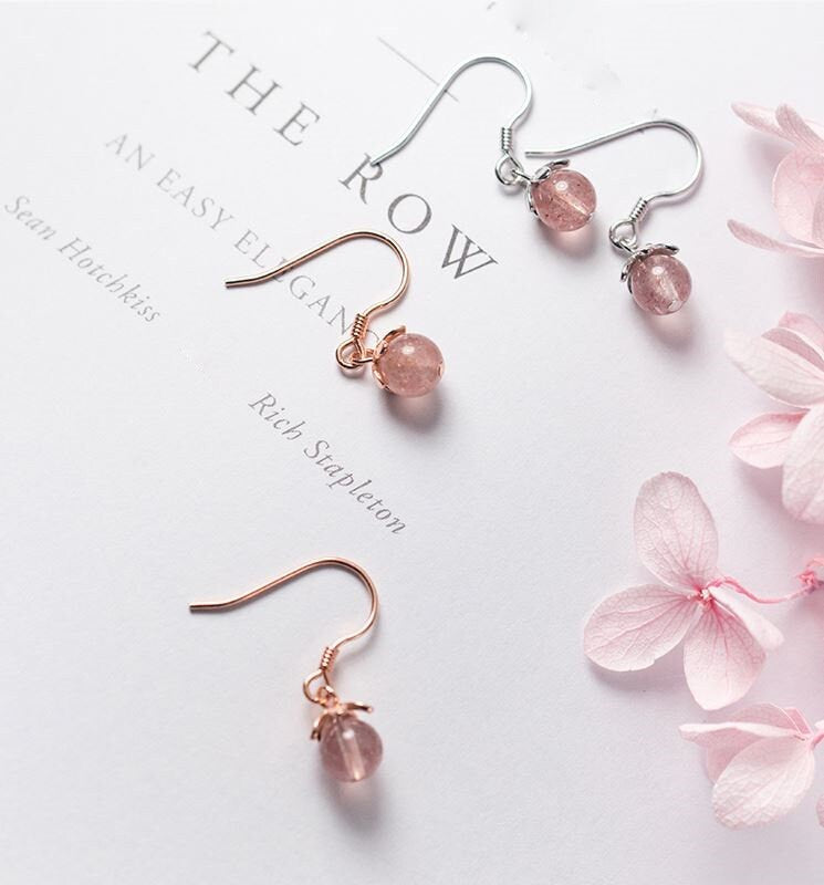 925 Silver Strawberry Quartz Drop & Dangle Hook Earrings, Dainty Pink Quartz Drop Hook Earrings, Minimalist Earring, Gift for Her, GE86