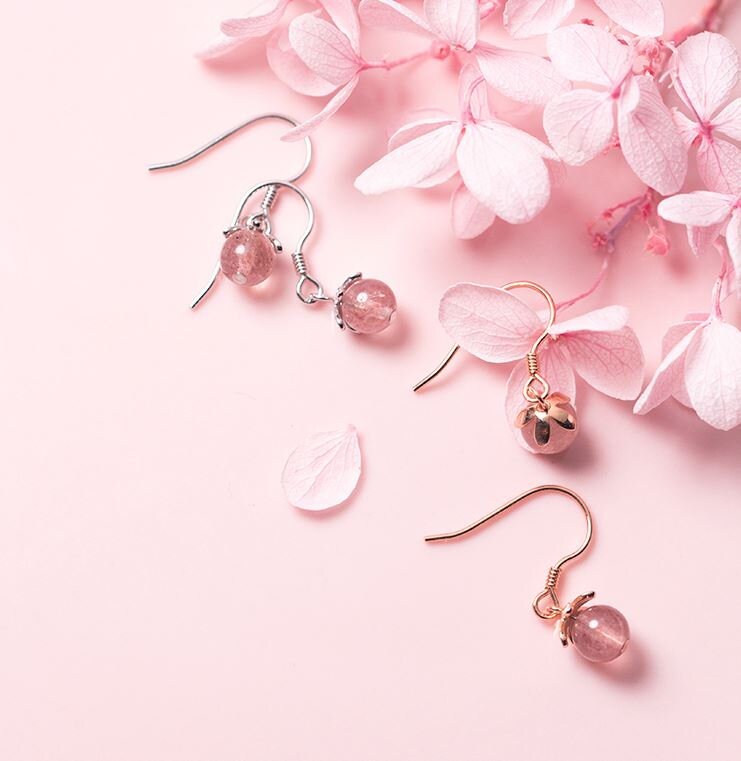 925 Silver Strawberry Quartz Drop & Dangle Hook Earrings, Dainty Pink Quartz Drop Hook Earrings, Minimalist Earring, Gift for Her, GE86