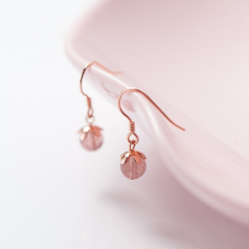 925 Silver Strawberry Quartz Drop & Dangle Hook Earrings, Dainty Pink Quartz Drop Hook Earrings, Minimalist Earring, Gift for Her, GE86