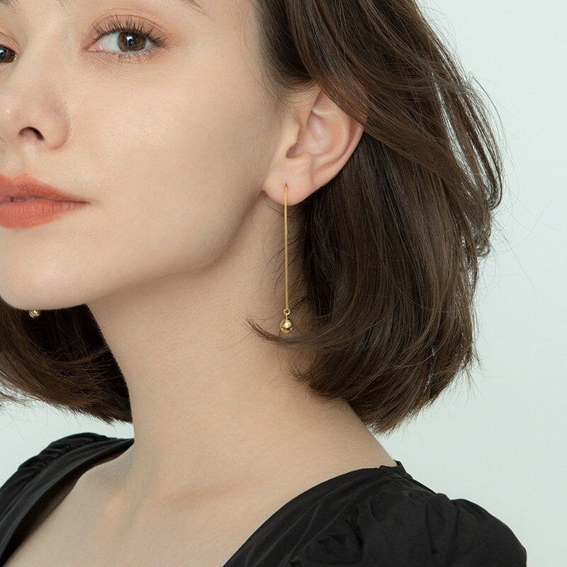 Dainty Gold Tiny Ball Threader Earrings, Gold Ornament Tassel Earrings, Gold Ball Chain Drop & Dangle Earrings, Gift for her, GE99