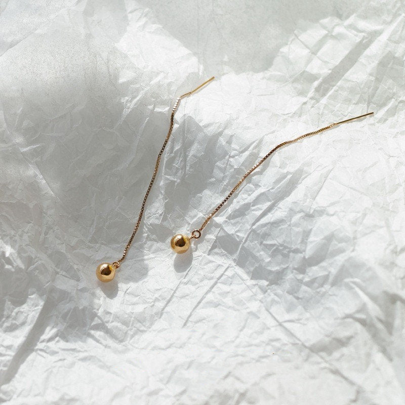 Dainty Gold Tiny Ball Threader Earrings, Gold Ornament Tassel Earrings, Gold Ball Chain Drop & Dangle Earrings, Gift for her, GE99