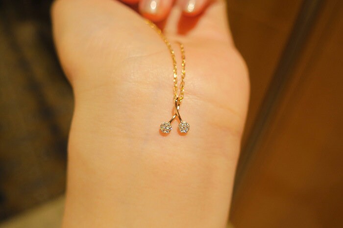 Dainty CZ Gold Cherry Necklace, Gold Cherry Pendant, Delicate Fruit Necklace, Minimalist Gold Necklace, Christmas Gift, GN43