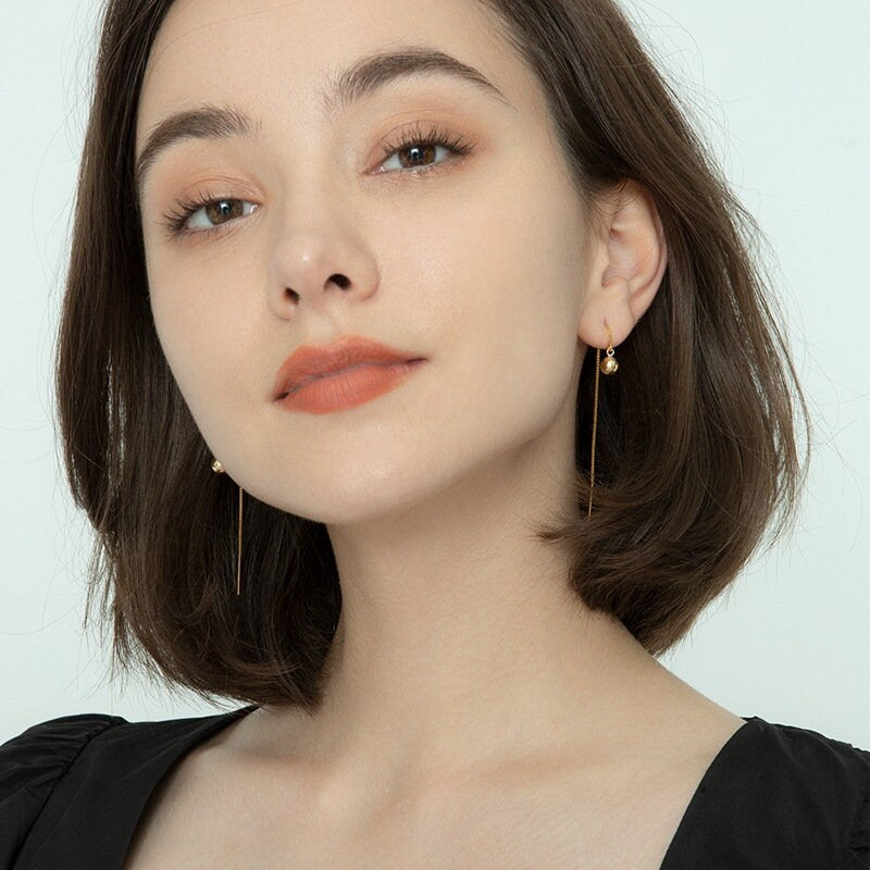 Dainty Gold Tiny Ball Threader Earrings, Gold Ornament Tassel Earrings, Gold Ball Chain Drop & Dangle Earrings, Gift for her, GE99
