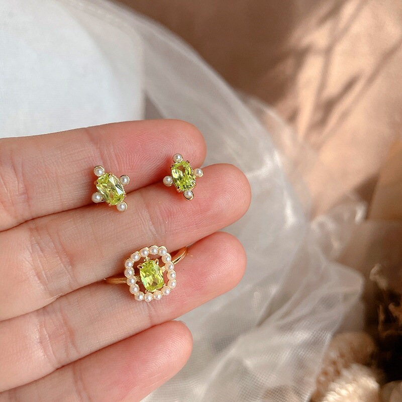 14k Gold Vermeil Olive Green CZ Stud Earrings, Gold Green CZ Earring, Cross Pearl Earrings, Oval Green Studs, Minimalist Earring, Gift GE116