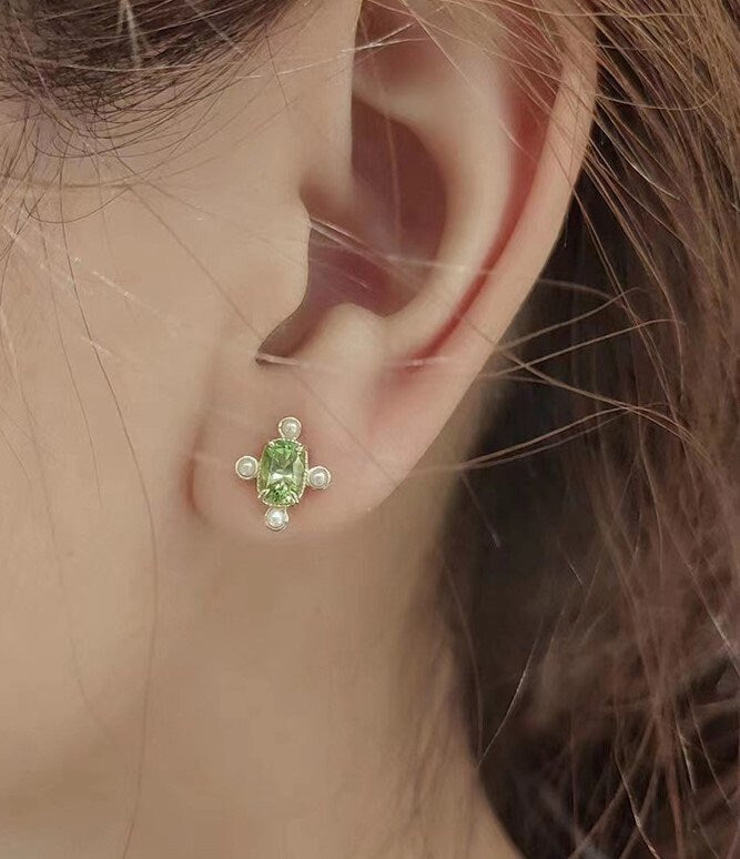 14k Gold Vermeil Olive Green CZ Stud Earrings, Gold Green CZ Earring, Cross Pearl Earrings, Oval Green Studs, Minimalist Earring, Gift GE116