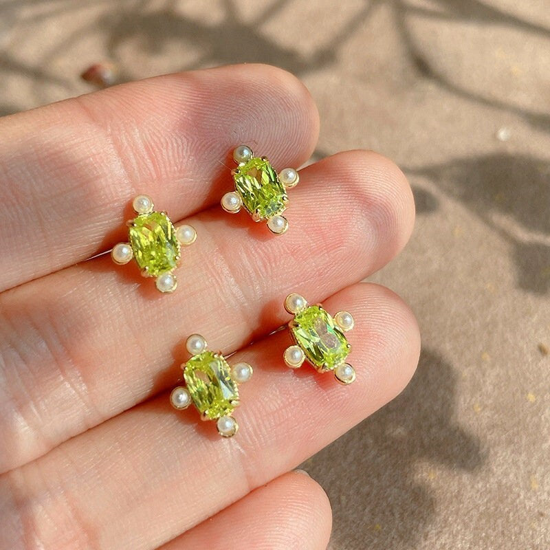14k Gold Vermeil Olive Green CZ Stud Earrings, Gold Green CZ Earring, Cross Pearl Earrings, Oval Green Studs, Minimalist Earring, Gift GE116