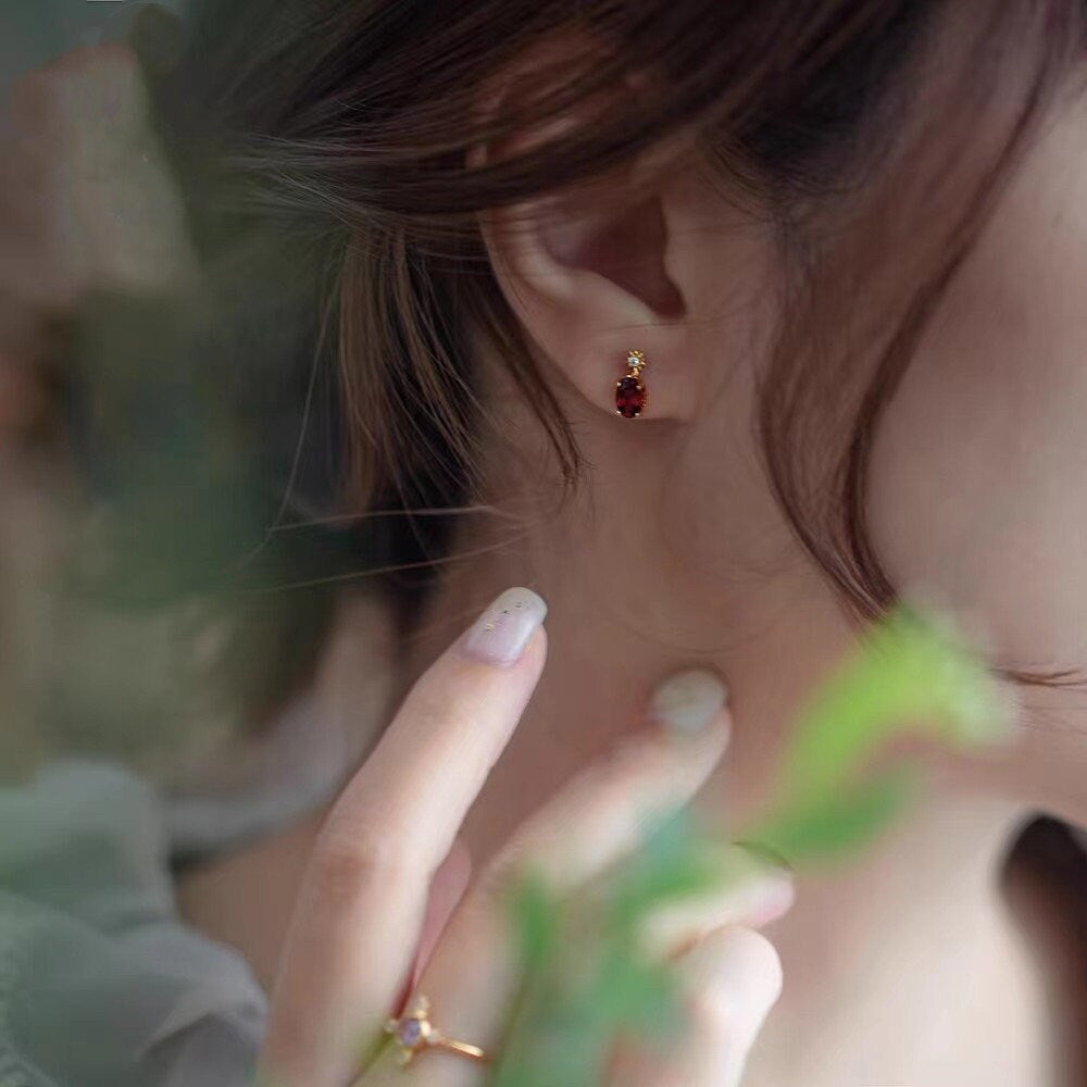 Delicate Gold Oval Ruby CZ Stud Earrings, Pomegranate Red CZ Earrings, Tiny Gold Ruby Earrings, Minimalist Geometry Earrings, Gifts, GE121
