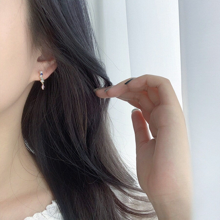 14k Gold Vermeil Colorful CZ Dangle & Drop Earrings, Delicate Rainbow CZ Dangle Earring, Minimalist Gold Earring, Christmas Gift, GE106