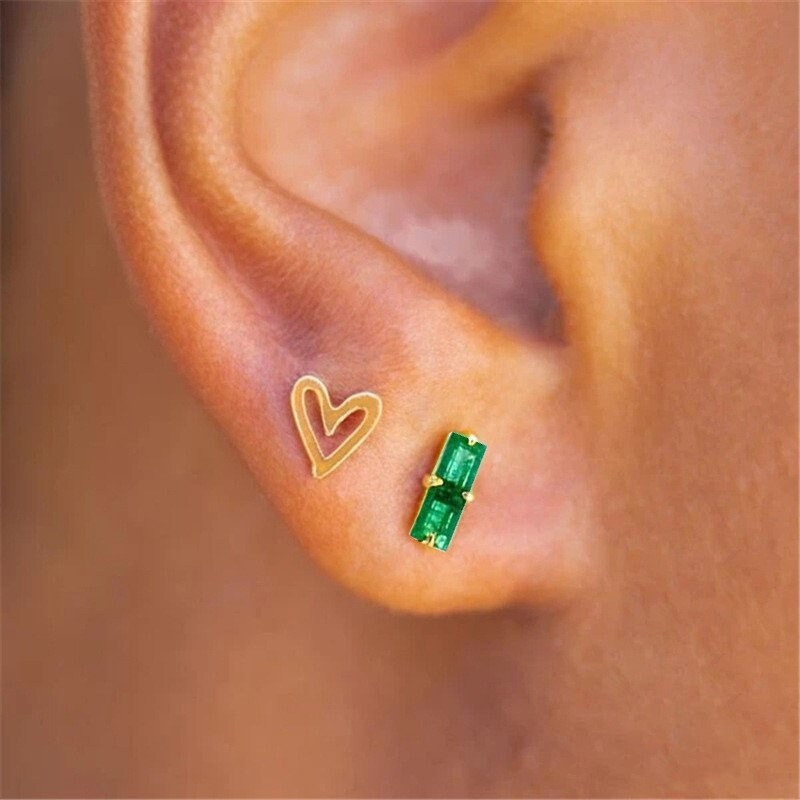 Rectangle Emerald CZ Stud Earrings, Tiny Emerald Earrings, Green CZ Gold Earrings, Helix/Tragus Earrings, Minimalist Emerald Studs, GE159