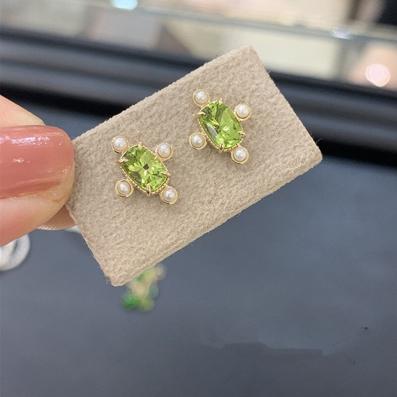 14k Gold Vermeil Olive Green CZ Stud Earrings, Gold Green CZ Earring, Cross Pearl Earrings, Oval Green Studs, Minimalist Earring, Gift GE116
