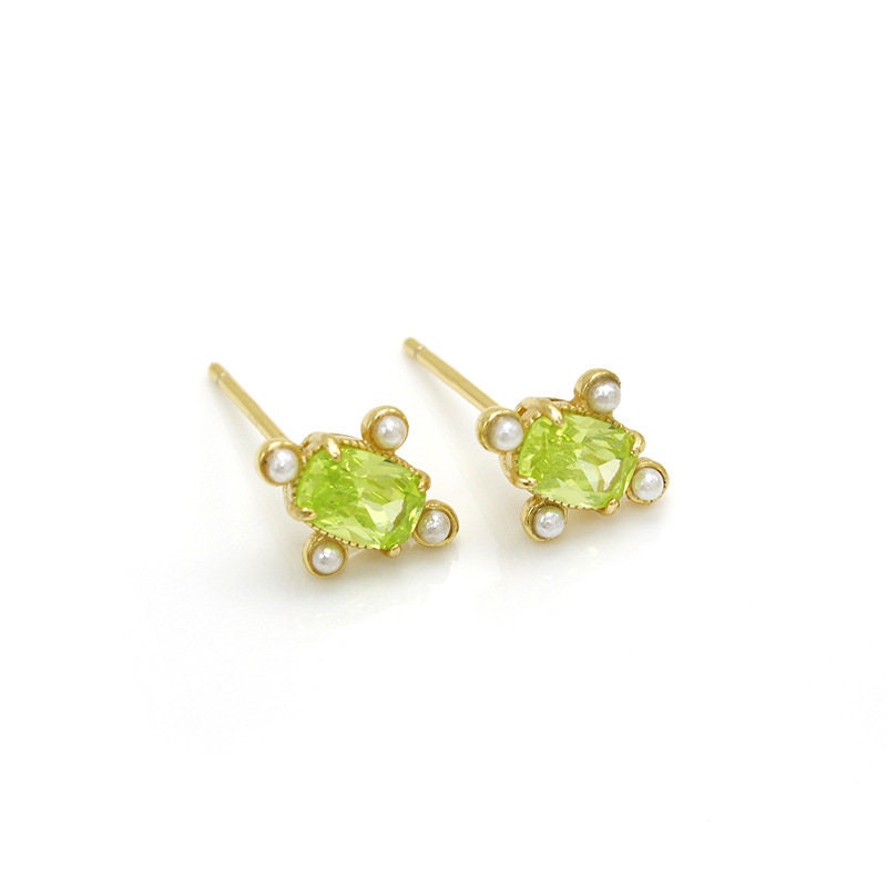 14k Gold Vermeil Olive Green CZ Stud Earrings, Gold Green CZ Earring, Cross Pearl Earrings, Oval Green Studs, Minimalist Earring, Gift GE116