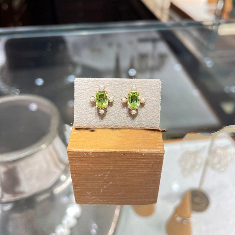 14k Gold Vermeil Olive Green CZ Stud Earrings, Gold Green CZ Earring, Cross Pearl Earrings, Oval Green Studs, Minimalist Earring, Gift GE116