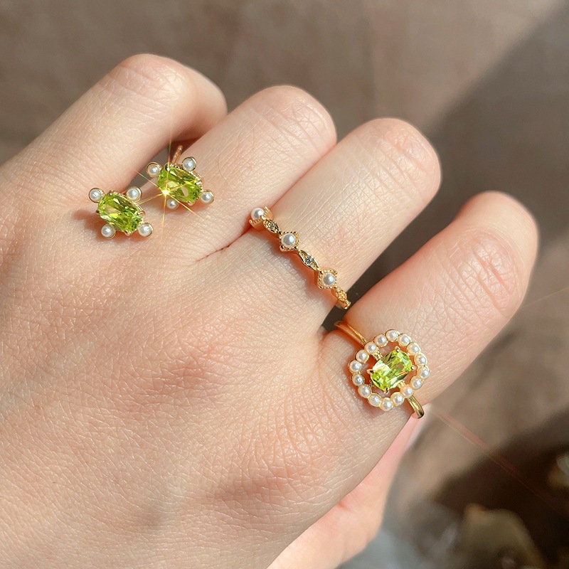 14k Gold Vermeil Olive Green CZ Stud Earrings, Gold Green CZ Earring, Cross Pearl Earrings, Oval Green Studs, Minimalist Earring, Gift GE116
