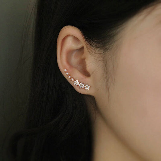 Rose Gold CZ Flower Climb Earrings, Flower Stud Earrings, Champagne Gold Floral Ear Climbers, Flower & Star Ear Crawler, Gift for her, GE143