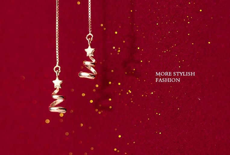 Christmas Earrings, Rose Gold Christmas Tree Earrings, Christmas Jewelry, 925 Silver Threader Earrings, Dainty Tassel Earrings, Gift, GE150